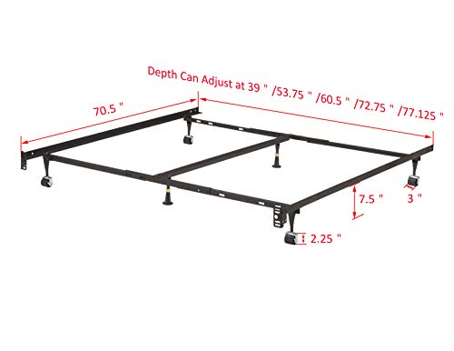 Heavy Duty 6-Leg Adjustable Universal Twin/Full/Queen/King Metal Bed Frame with Double Center Support Rug Rollers & Locking Wheels