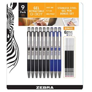 zebra g-301 gel stainless steel 9 pack w/ 6 refill cartridges