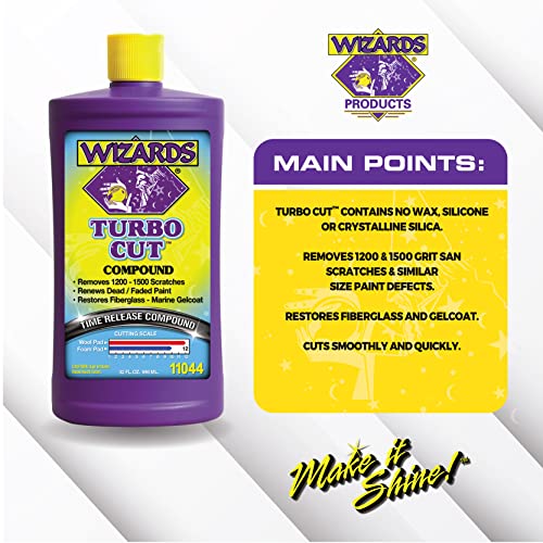 Wizards Turbo Cut Compound - Removes 1200 to 1500 Scratches - Renews, Restores and Fast Cuts Dead and Faded Paints, Gelcoat and Fiberglass - High Gloss Finish - Water Based Car Scratch Remover - 32 oz