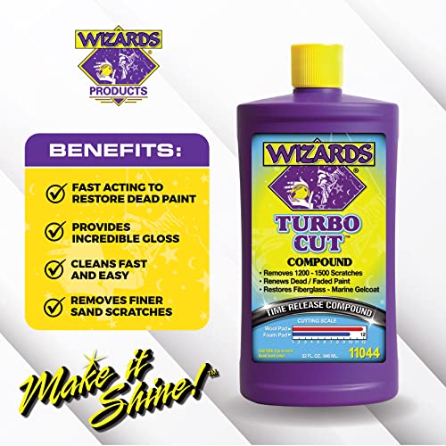 Wizards Turbo Cut Compound - Removes 1200 to 1500 Scratches - Renews, Restores and Fast Cuts Dead and Faded Paints, Gelcoat and Fiberglass - High Gloss Finish - Water Based Car Scratch Remover - 32 oz