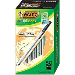 bic ecolutions round stic ballpoint pens, medium point (1.0mm), 50-count pack, black ink pens made from 97% recycled plastic