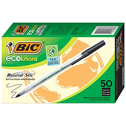 BIC Ecolutions Round Stic Ballpoint Pens, Medium Point (1.0mm), 50-Count Pack, Black Ink Pens Made from 97% Recycled Plastic