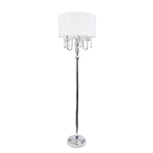elegant designs lf1002-wht romantic cascading hanging crystals sheer drum shade chrome floor lamp, white