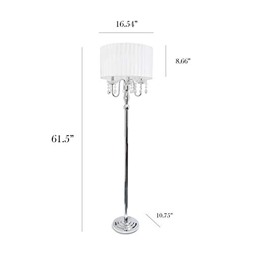 Elegant Designs LF1002-WHT Romantic Cascading Hanging Crystals Sheer Drum Shade Chrome Floor Lamp, White