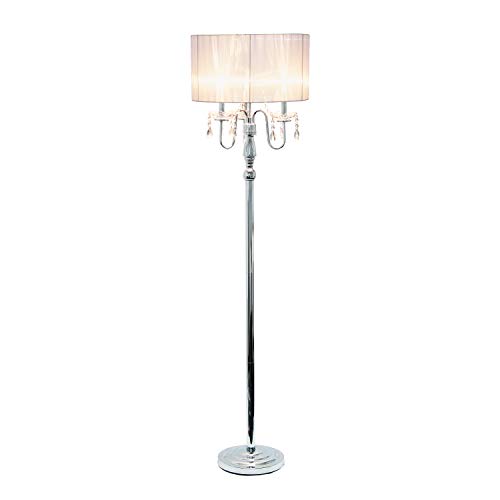 Elegant Designs LF1002-WHT Romantic Cascading Hanging Crystals Sheer Drum Shade Chrome Floor Lamp, White