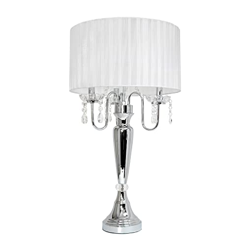 Elegant Designs LT1034-WHT Trendy Sheer Table Lamp with Hanging Crystals and Sheer Shade, White