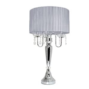 Elegant Designs LT1034-WHT Trendy Sheer Table Lamp with Hanging Crystals and Sheer Shade, White