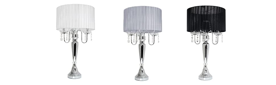 Elegant Designs LT1034-WHT Trendy Sheer Table Lamp with Hanging Crystals and Sheer Shade, White