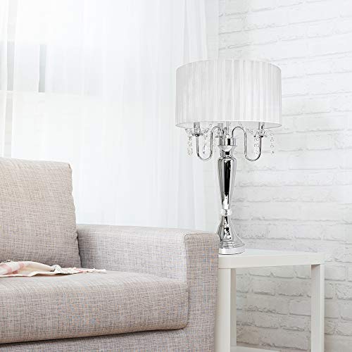 Elegant Designs LT1034-WHT Trendy Sheer Table Lamp with Hanging Crystals and Sheer Shade, White