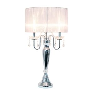 Elegant Designs LT1034-WHT Trendy Sheer Table Lamp with Hanging Crystals and Sheer Shade, White