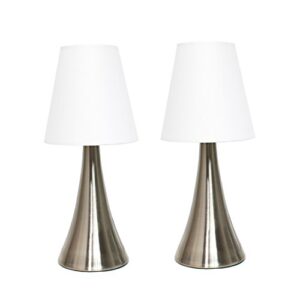 simple designs lt2014-wht-2pk 12" valencia 2 pack contemporary 4 settings touch metal mini tapered table lamp set with fabric shades for home décor, nightstand, end table, bedroom, living room, office, foyer, brushed nickel and white