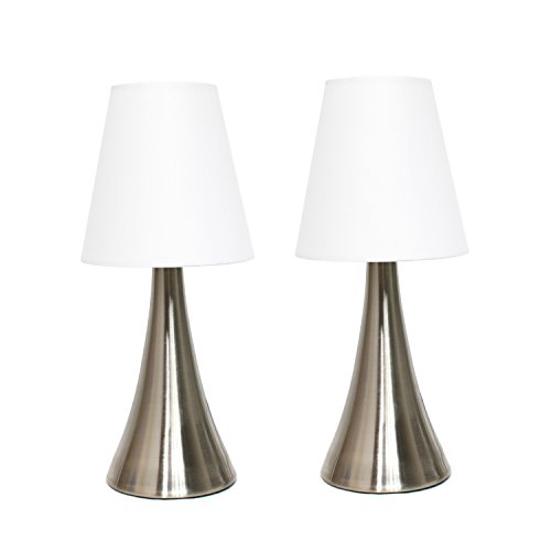 Simple Designs LT2014-WHT-2PK 12" Valencia 2 Pack Contemporary 4 Settings Touch Metal Mini Tapered Table Lamp Set with Fabric Shades for Home Décor, Nightstand, End Table, Bedroom, Living Room, Office, Foyer, Brushed Nickel and White