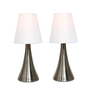 Simple Designs LT2014-WHT-2PK 12" Valencia 2 Pack Contemporary 4 Settings Touch Metal Mini Tapered Table Lamp Set with Fabric Shades for Home Décor, Nightstand, End Table, Bedroom, Living Room, Office, Foyer, Brushed Nickel and White