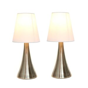 Simple Designs LT2014-WHT-2PK 12" Valencia 2 Pack Contemporary 4 Settings Touch Metal Mini Tapered Table Lamp Set with Fabric Shades for Home Décor, Nightstand, End Table, Bedroom, Living Room, Office, Foyer, Brushed Nickel and White
