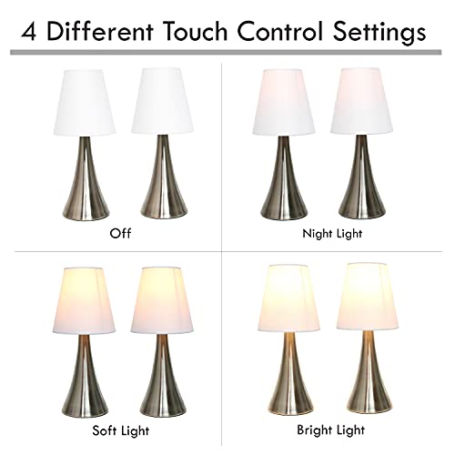 Simple Designs LT2014-WHT-2PK 12" Valencia 2 Pack Contemporary 4 Settings Touch Metal Mini Tapered Table Lamp Set with Fabric Shades for Home Décor, Nightstand, End Table, Bedroom, Living Room, Office, Foyer, Brushed Nickel and White