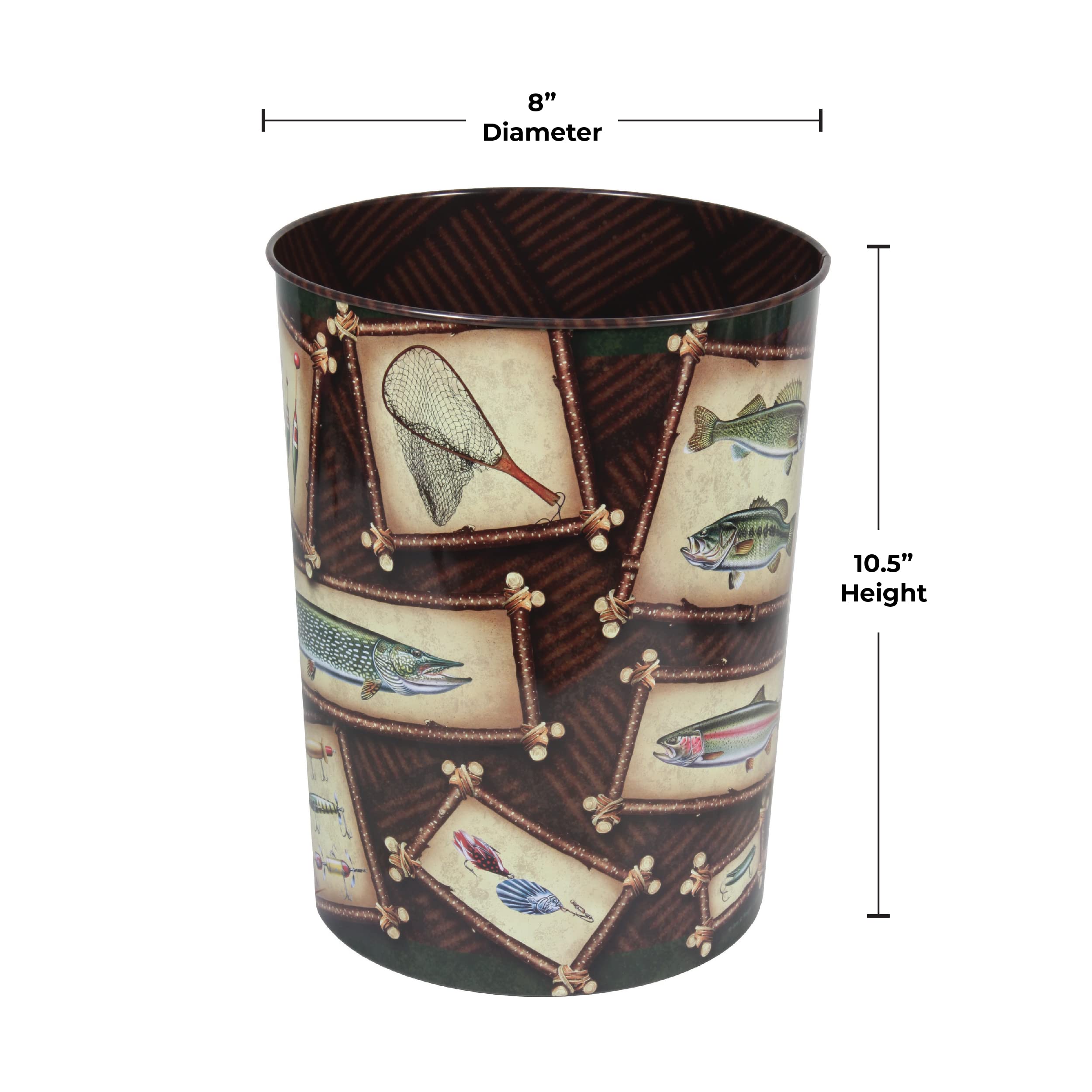 Rivers Edge Products Metal Waste Basket, 10.5-Inch Small Trash Can, Novelty Garbage Can for Office, Kitchen, Bathroom, or Bedroom, Outdoor and Coastal Home Decor, Fishing Theme