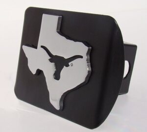 elektroplate utx university of texas black with chrome debossed tx state shape longhorn emblem metal trailer hitch cover fits 2 inch auto car truck receiver with ncaa college sports logo