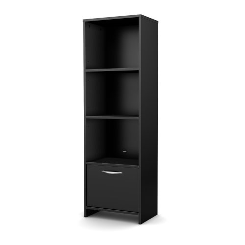 South Shore Narrow 3-Shelf Storage Bookcase with Door, Black, Pure