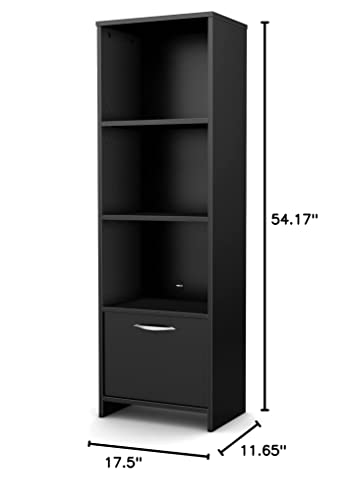 South Shore Narrow 3-Shelf Storage Bookcase with Door, Black, Pure