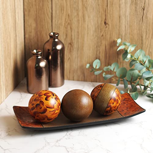 Hosley Brown Hand Painted Pattern Decorative Bowl Tray and Orb Ball Set 15 Inches Long Burlwood Style Finish Ideal Gift for Weddings Party Spa Reiki Meditation Settings O3