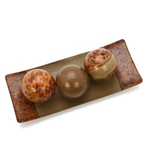 Hosley Brown Hand Painted Pattern Decorative Bowl Tray and Orb Ball Set 15 Inches Long Burlwood Style Finish Ideal Gift for Weddings Party Spa Reiki Meditation Settings O3