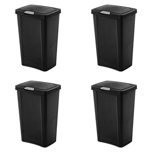 Sterilite 10459004 13 Gallon TouchTop Wastebasket, Black w/ Titanium Latch, 4-Pack