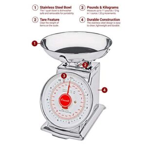 Escali DS115B Mercado Retro Classic Mechanical Dial Stainless Steel Scale, Removeable Bowl, Tare Functionality, 11lb Capacity, Stainless