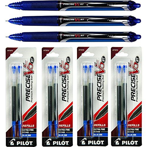 Pilot Precise V5 Rt, 3 Pens 26063 with 4 Packs of Refills, Blue Ink, 0.5mm XF