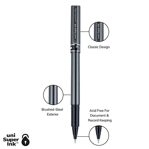 uni-ball 60025 Deluxe Stick Roller Ball Pen, Micro 0.5Mm, Black Ink, Metallic Gray Barrel, Dozen