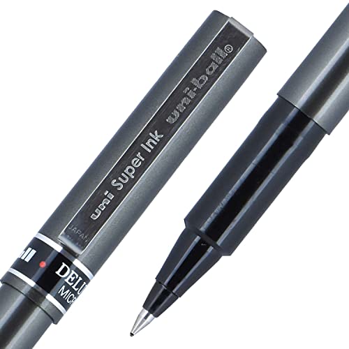 uni-ball 60025 Deluxe Stick Roller Ball Pen, Micro 0.5Mm, Black Ink, Metallic Gray Barrel, Dozen