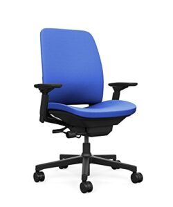 steelcase amia ergonomic office chair with adjustable back tension and arms | flexible lumbar with sliding seat | black frame and buzz2 blue fabric