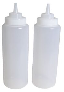 set of 3, 32 oz. (ounce) large clear squeeze bottle, condiment squeeze bottle, open-tip, wide screw-on spout, polyethylene durable plastic, diner style.