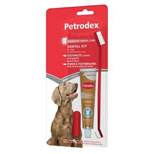 petrodex dental care kit for dogs, toothpaste and toothbrushes, peanut flavor, 3-piece kit