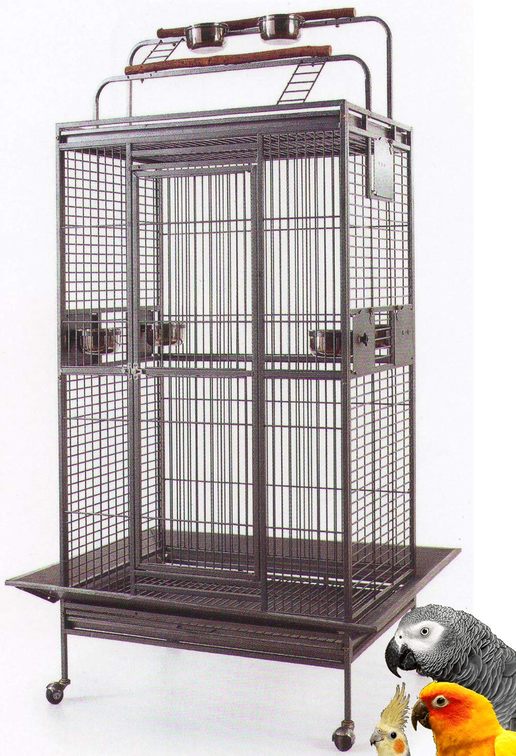 Large Elegant and Durable Wrought Iron Double Ladders Open Play Top Bird Parrot Rolling Cage, Include Seed Guard