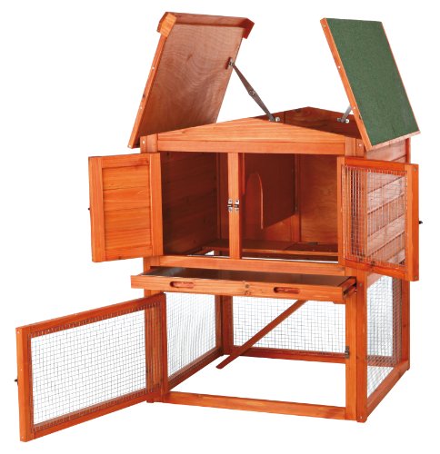 TRIXIE Natura Single Rabbit Hutch with Run, 2-Story with Ramp, Pull-Out Tray, Hinged Peaked Roof, for Rabbits or Guinea Pigs Small