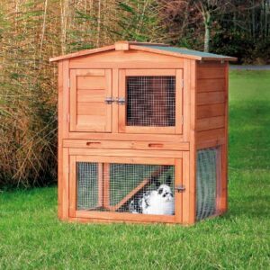 TRIXIE Natura Single Rabbit Hutch with Run, 2-Story with Ramp, Pull-Out Tray, Hinged Peaked Roof, for Rabbits or Guinea Pigs Small