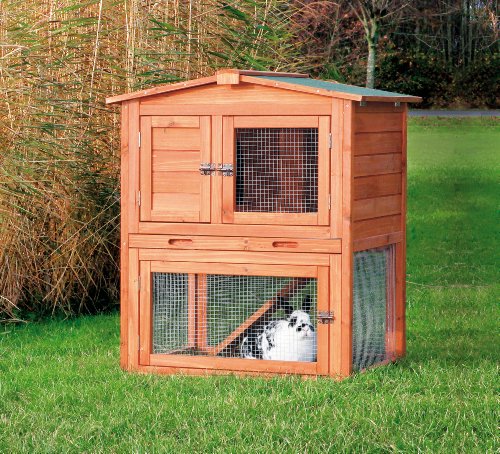 TRIXIE Natura Single Rabbit Hutch with Run, 2-Story with Ramp, Pull-Out Tray, Hinged Peaked Roof, for Rabbits or Guinea Pigs Small