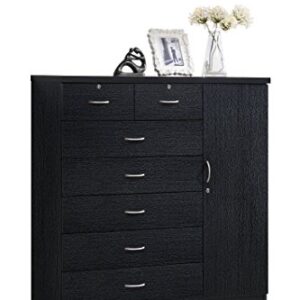 Hodedah 7 Drawer Jumbo Chest, Five Large Drawers, Two Smaller Drawers with Two Lock, Hanging Rod, and Three Shelves | Black