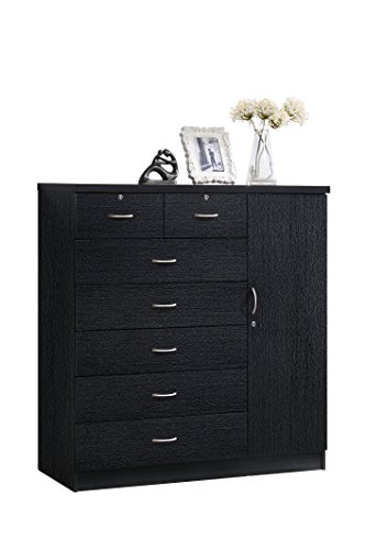 Hodedah 7 Drawer Jumbo Chest, Five Large Drawers, Two Smaller Drawers with Two Lock, Hanging Rod, and Three Shelves | Black