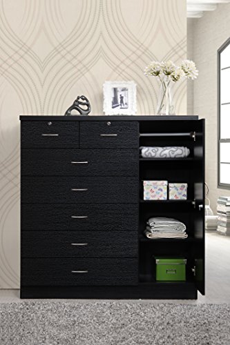 Hodedah 7 Drawer Jumbo Chest, Five Large Drawers, Two Smaller Drawers with Two Lock, Hanging Rod, and Three Shelves | Black