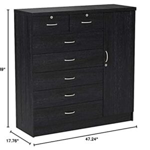 Hodedah 7 Drawer Jumbo Chest, Five Large Drawers, Two Smaller Drawers with Two Lock, Hanging Rod, and Three Shelves | Black