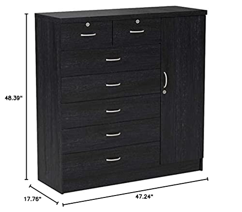 Hodedah 7 Drawer Jumbo Chest, Five Large Drawers, Two Smaller Drawers with Two Lock, Hanging Rod, and Three Shelves | Black