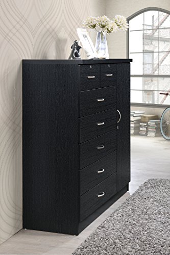 Hodedah 7 Drawer Jumbo Chest, Five Large Drawers, Two Smaller Drawers with Two Lock, Hanging Rod, and Three Shelves | Black