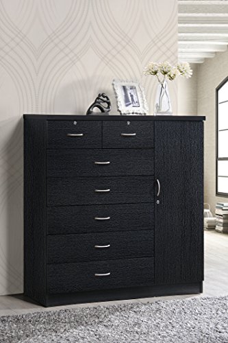 Hodedah 7 Drawer Jumbo Chest, Five Large Drawers, Two Smaller Drawers with Two Lock, Hanging Rod, and Three Shelves | Black