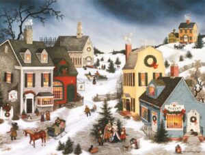 lang "caroling in the village", boxed christmas cards, artwork by linda nelson stocks, 18 cards & 19 envelopes, 5.375" x 6.875" (1004980)