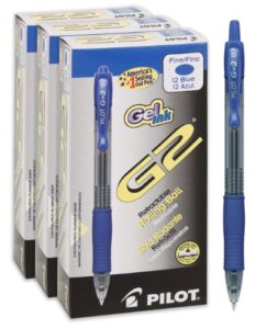 pilot g2 premium refillable & retractable rolling ball gel pens, fine point, blue ink, 12-pack box (pack of 3) (46053)