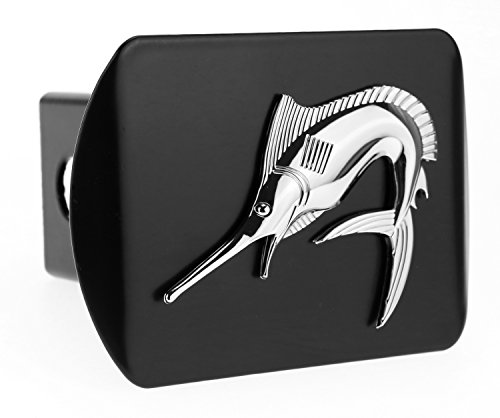 LFPartS Marlin Swordfish Fishing Fish 3D Chrome Emblem on Black Trailer Metal Hitch Cover Fits 2" Receivers