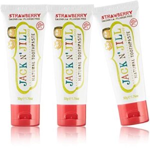 jack n' jill kids natural toothpaste - kids toothpaste fluoride free, 40% xylitol, bpa free sls free, makes tooth brushing fun for kids - strawberry, 1.76 oz (pack of 3)