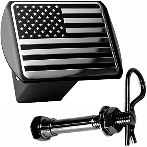 USA US American Flag Black Chrome Trailer Metal Hitch Cover with Stainless Steel Anti-Rattle Pin Bolt, Fits 2" Receivers