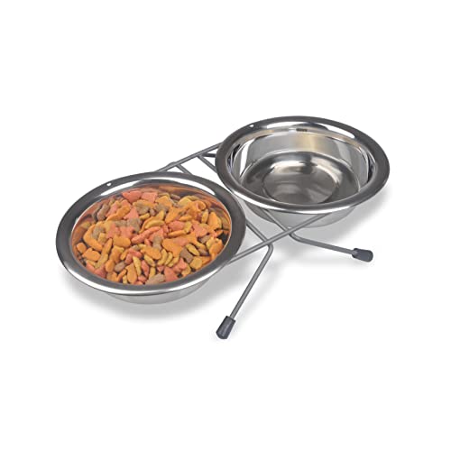Van Ness Pets Raised Double Dish Feeder with Wire Rack For Cats And Small Dogs, with (2) 8 OZ Food And Water Bowls